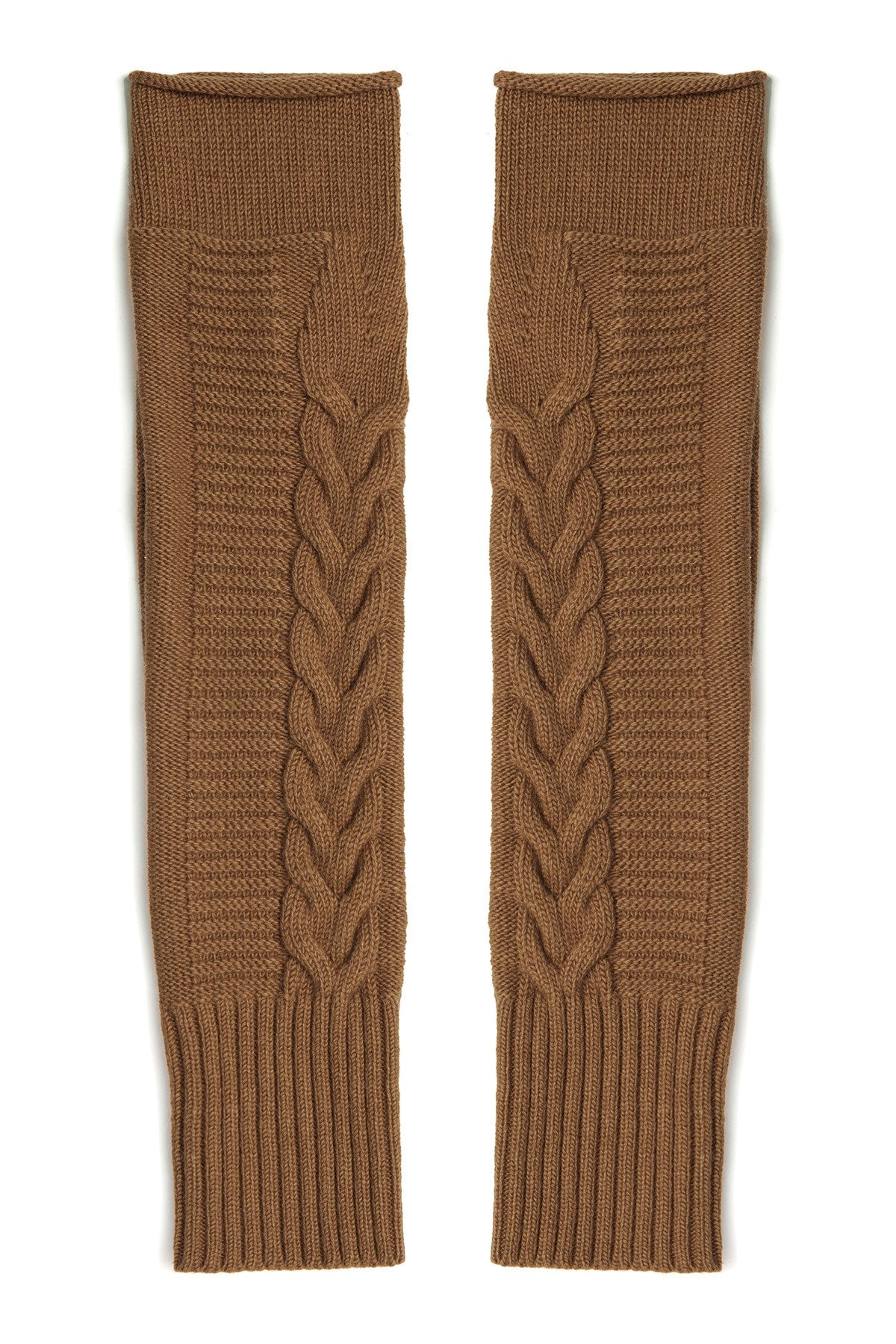 Women's Brown Long Fingerless Cable Knit Arm Warmer Thumb Hole Stretchy Cashmere Blend Gloves - Camel | One Size | Peraluna