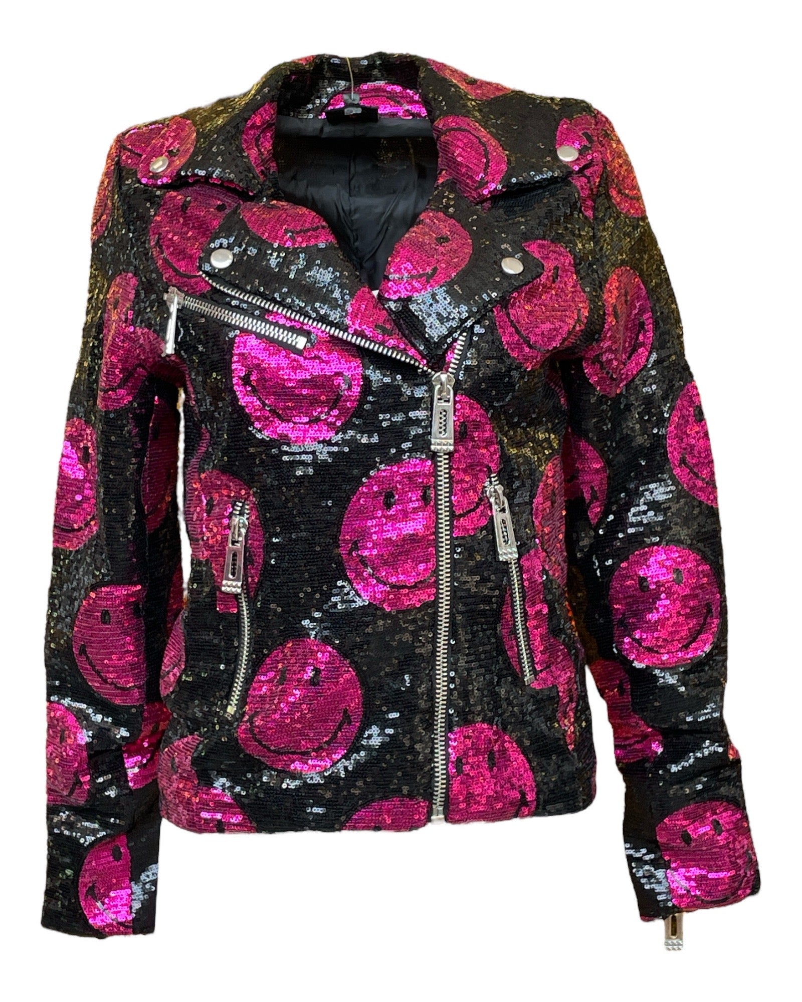 Women’s Black / Pink / Purple Any Old Iron X Smiley Pink Moto Jacket L