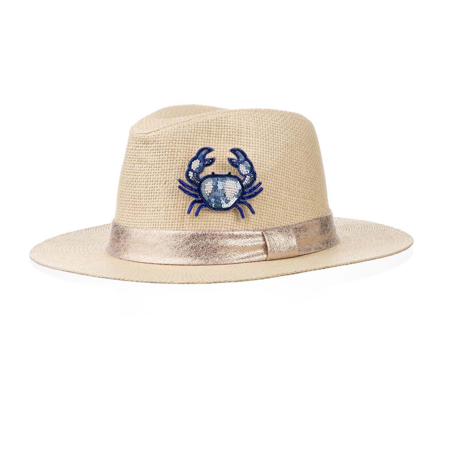 Laines London Women's Neutrals / White Straw Woven Hat With Embellished Mediterranean Blue Crab Brooch In White
