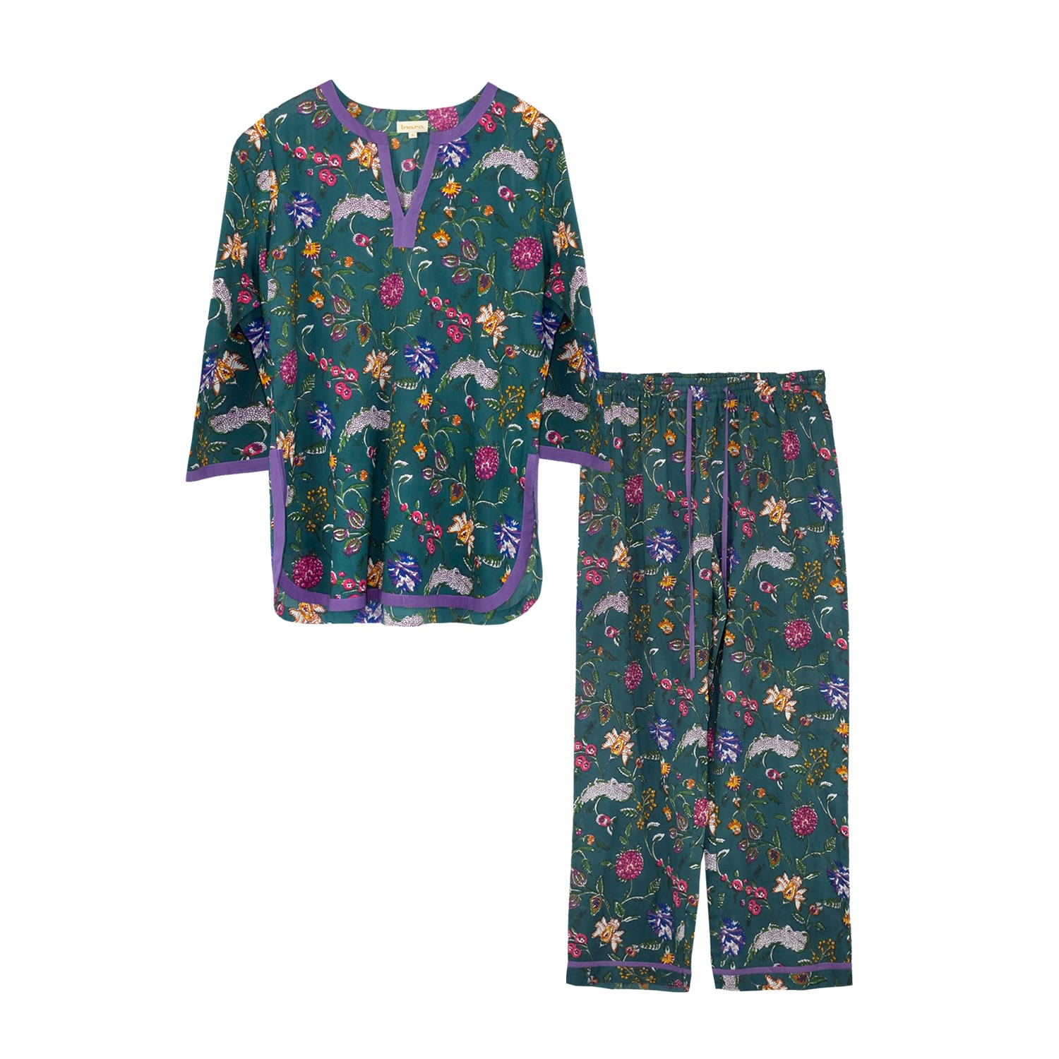 Inara Women's Green Indian Cotton Lavender Fields Print Pyjama Set In Green