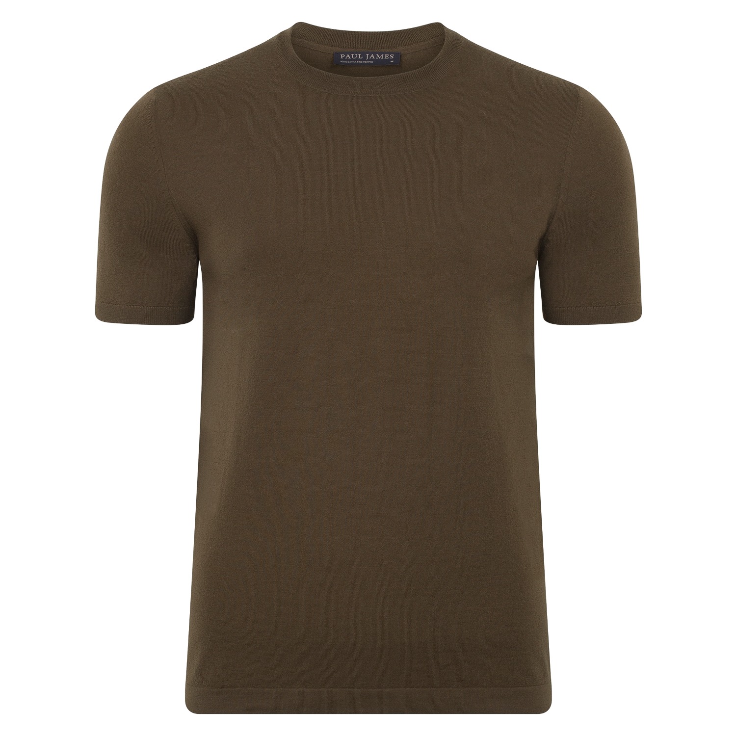 Paul James Knitwear Green Mens Superfine Merino Wool Ilario Knitted T-shirt - Khaki