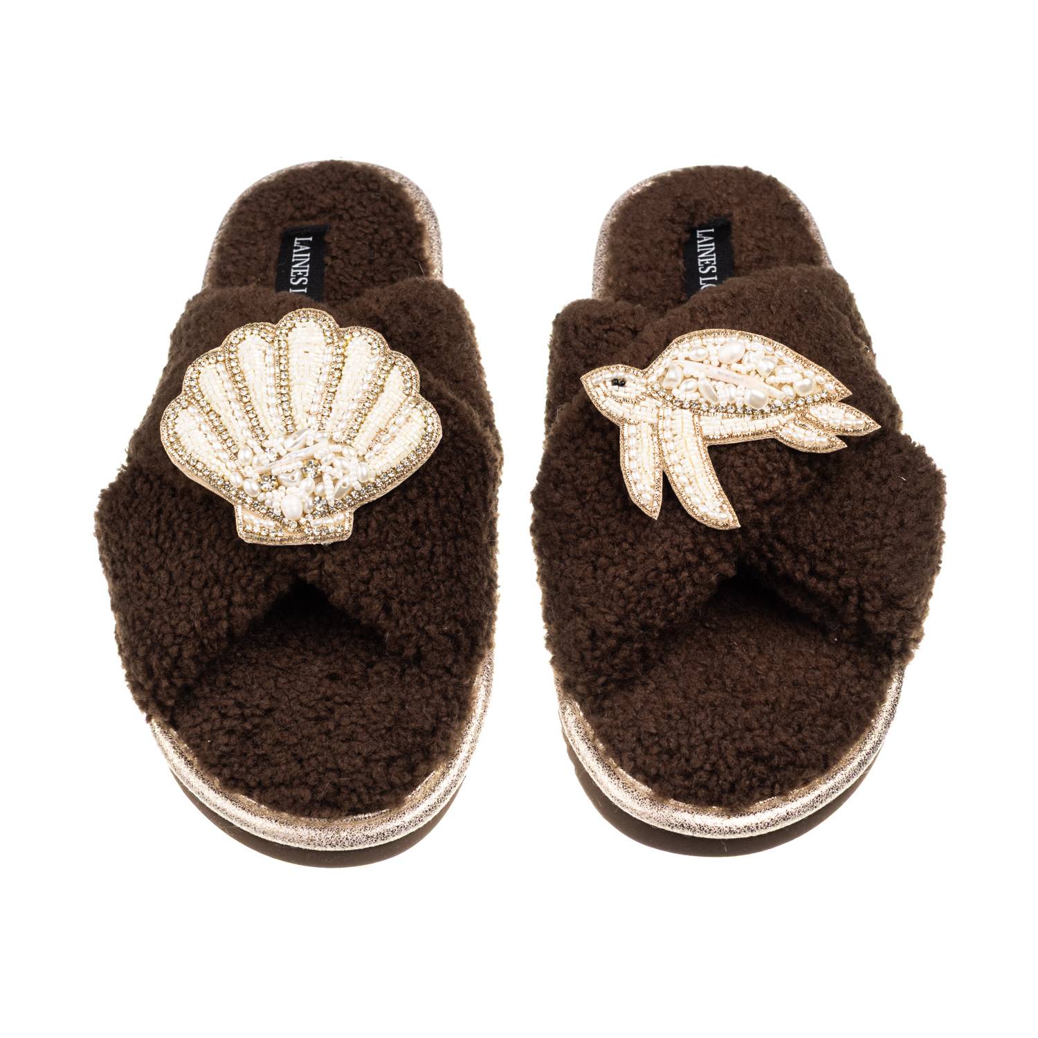Laines London Women's Brown / Neutrals Laines Neutral Boucle Slippers With Pearl Shell & Turtle Brooches - Chocola