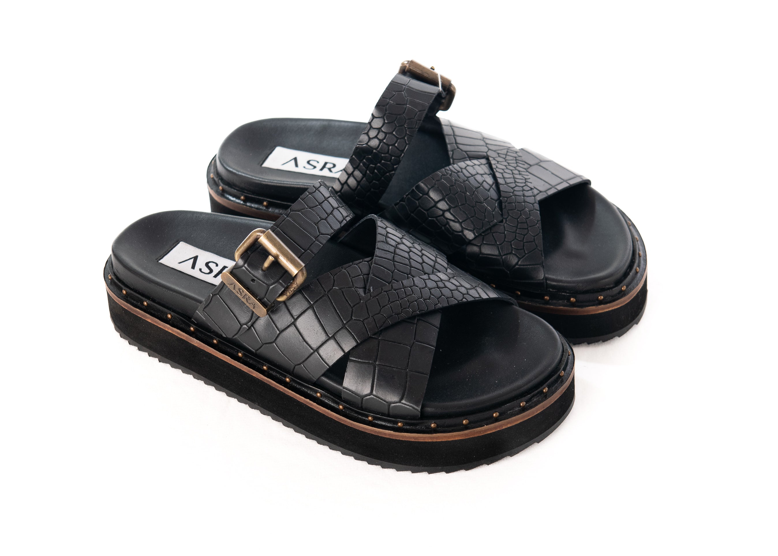 Asra Women's Megan - Black Croc Leather Chunky Sandal