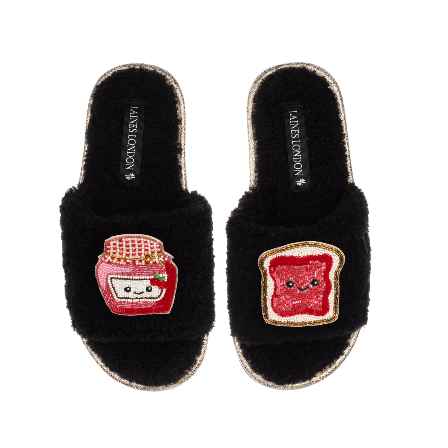 Laines London Women's Teddy Slider Slippers With Laines Loveables Jam & Toast Brooches - Black In Black