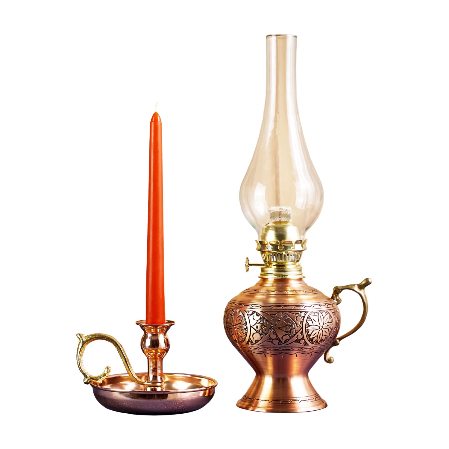 Anatoliacraft Neutrals Solid Copper Oil Lamp And Candle Set In Metallic