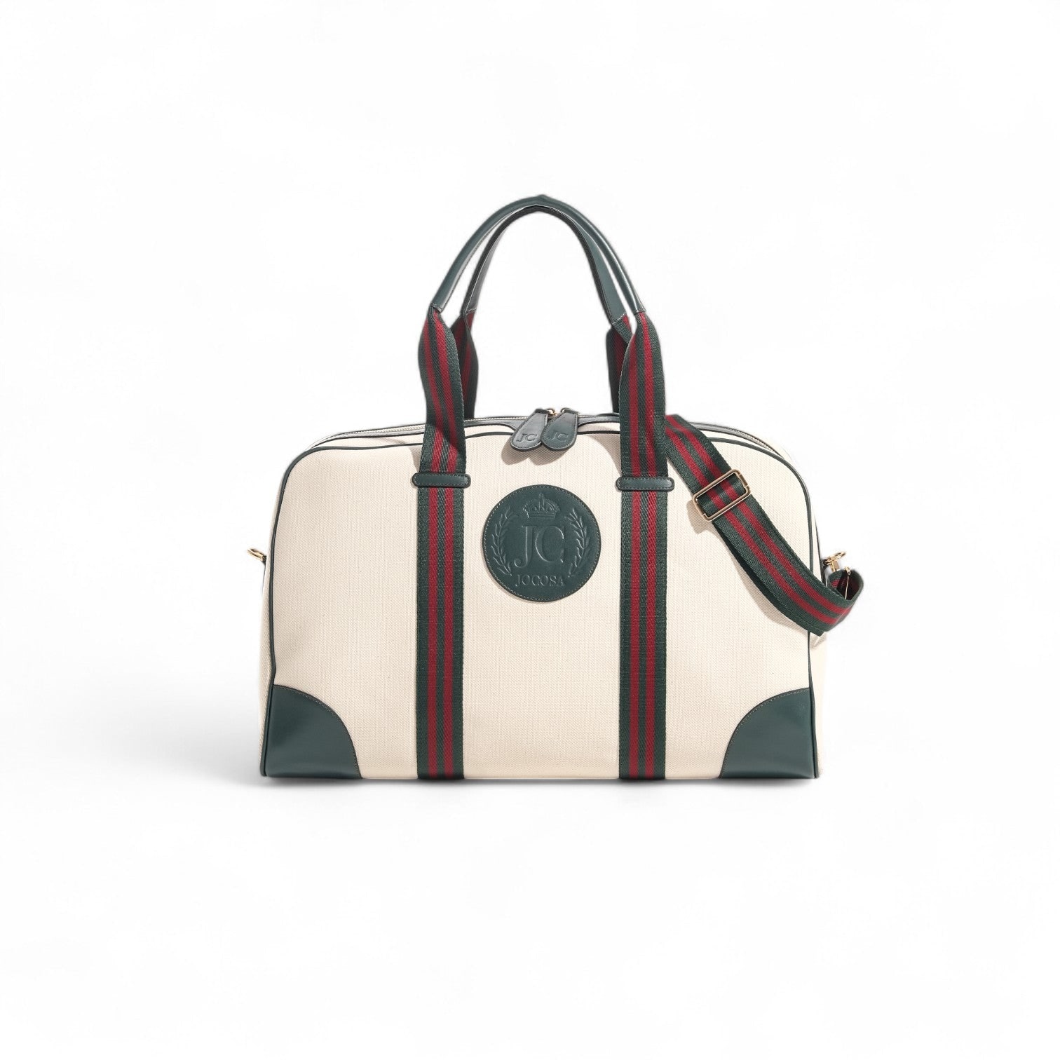 Jocosa Women's Brown / Green Daily Sports Bag Ivory Canvas Green Leather Red Handle Stripe In Multi