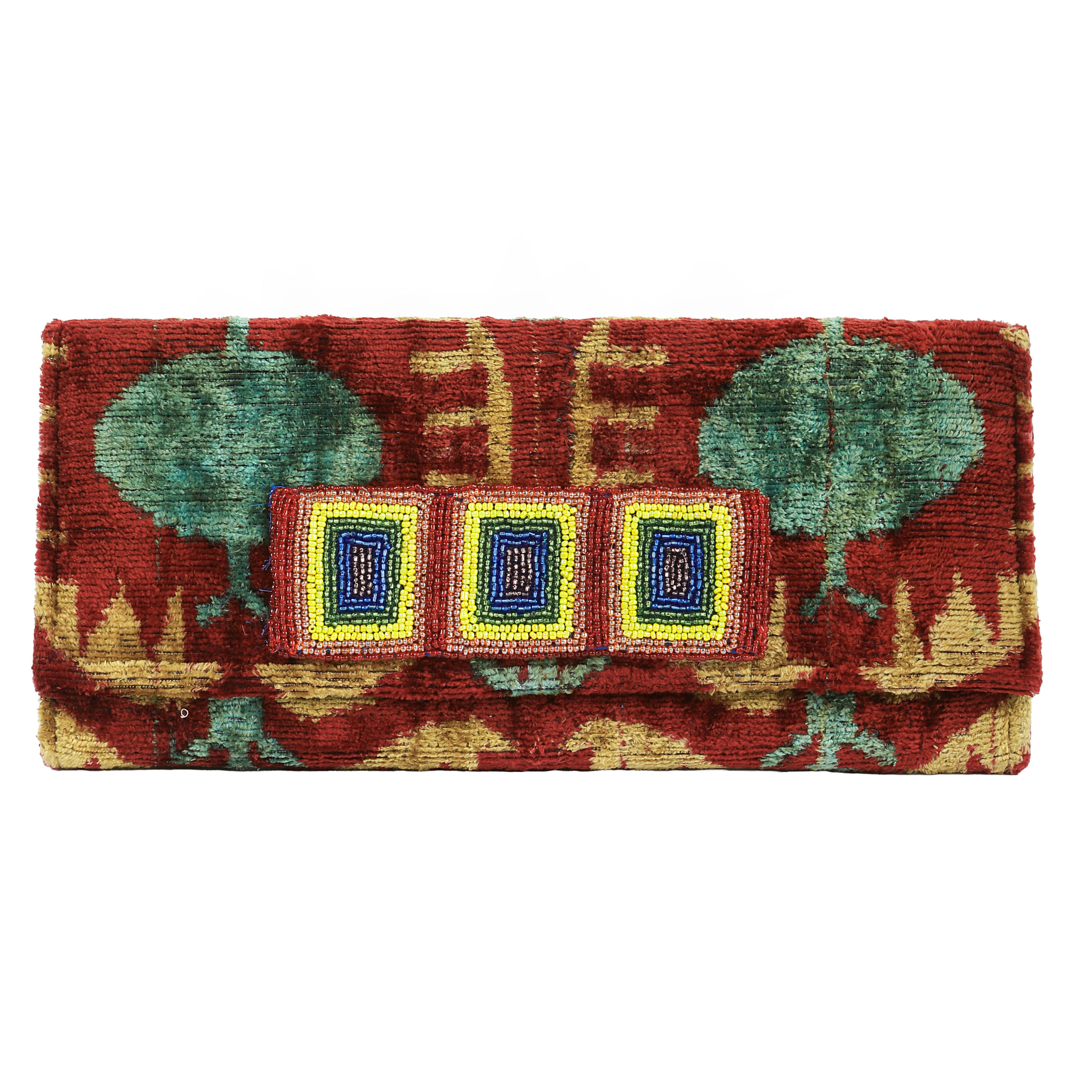 Women’s Du Monde Collection - Arnaud Velvet Ikat Clutch - Red, Green, Gold Larkin Lane