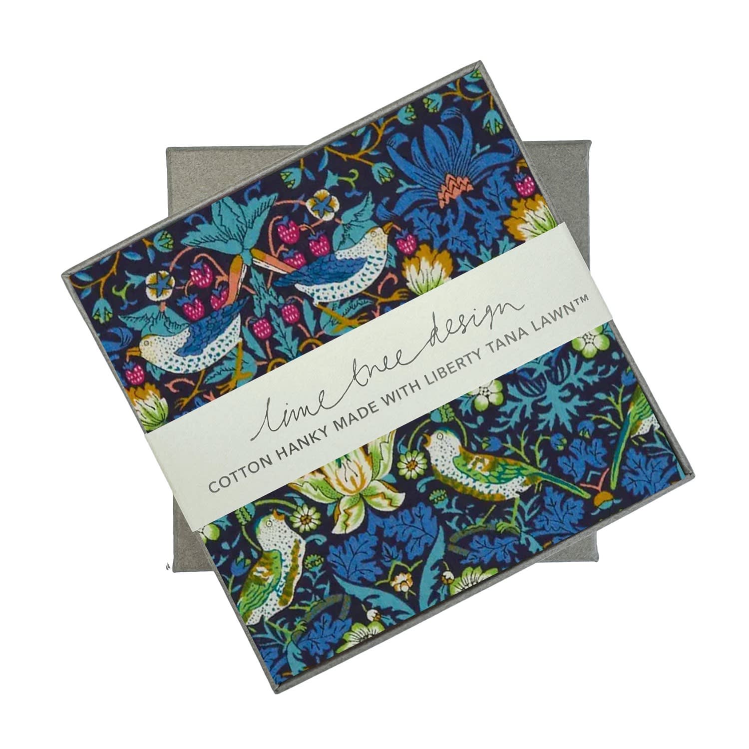 Lime Tree Design Men's Single Boxed Hanky Made With Liberty Fabric Blue Strawberry Thief