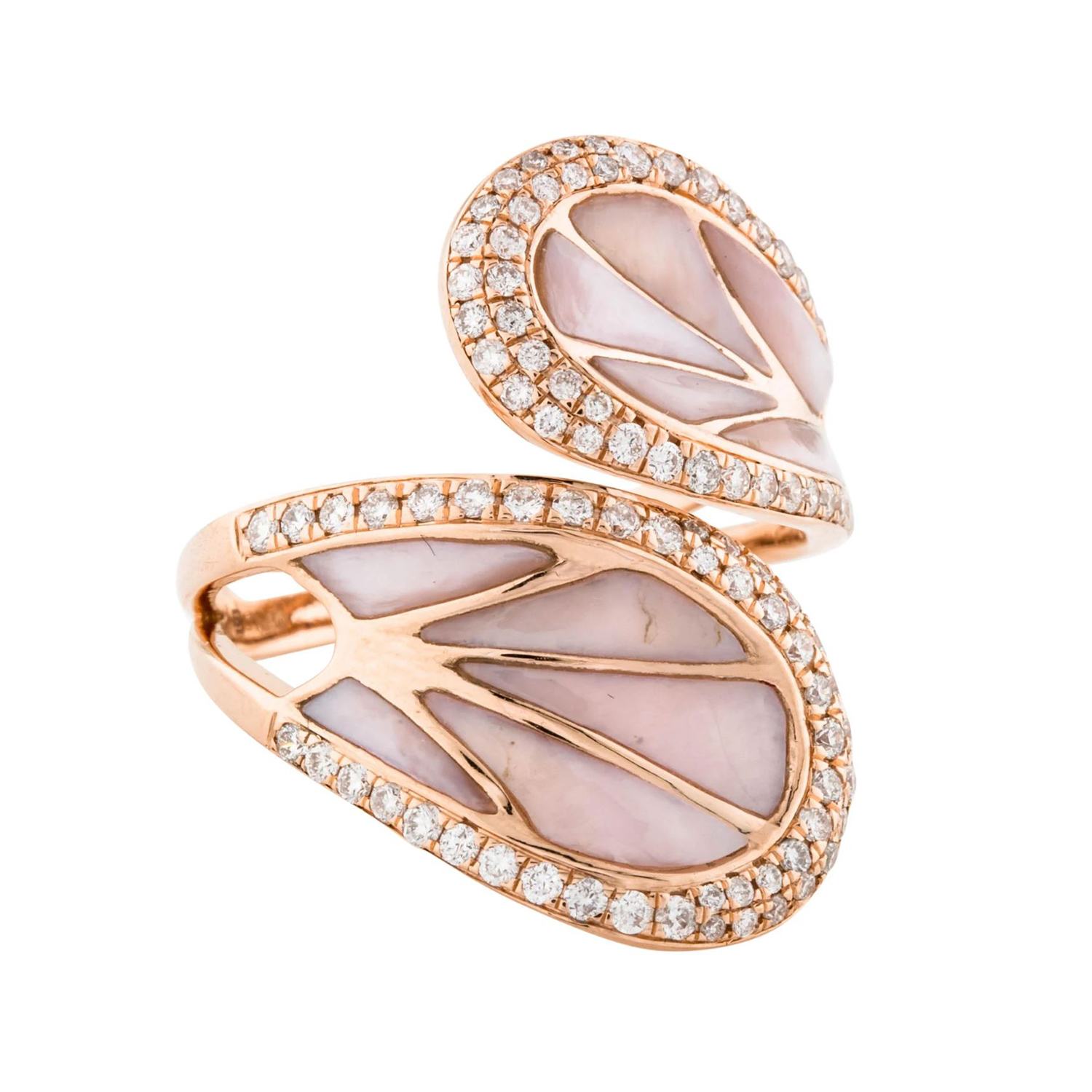 Artisan Women's White / Pink / Rose Gold 14k Rose Gold Enamel Bypass Ring With Pave Diamonds