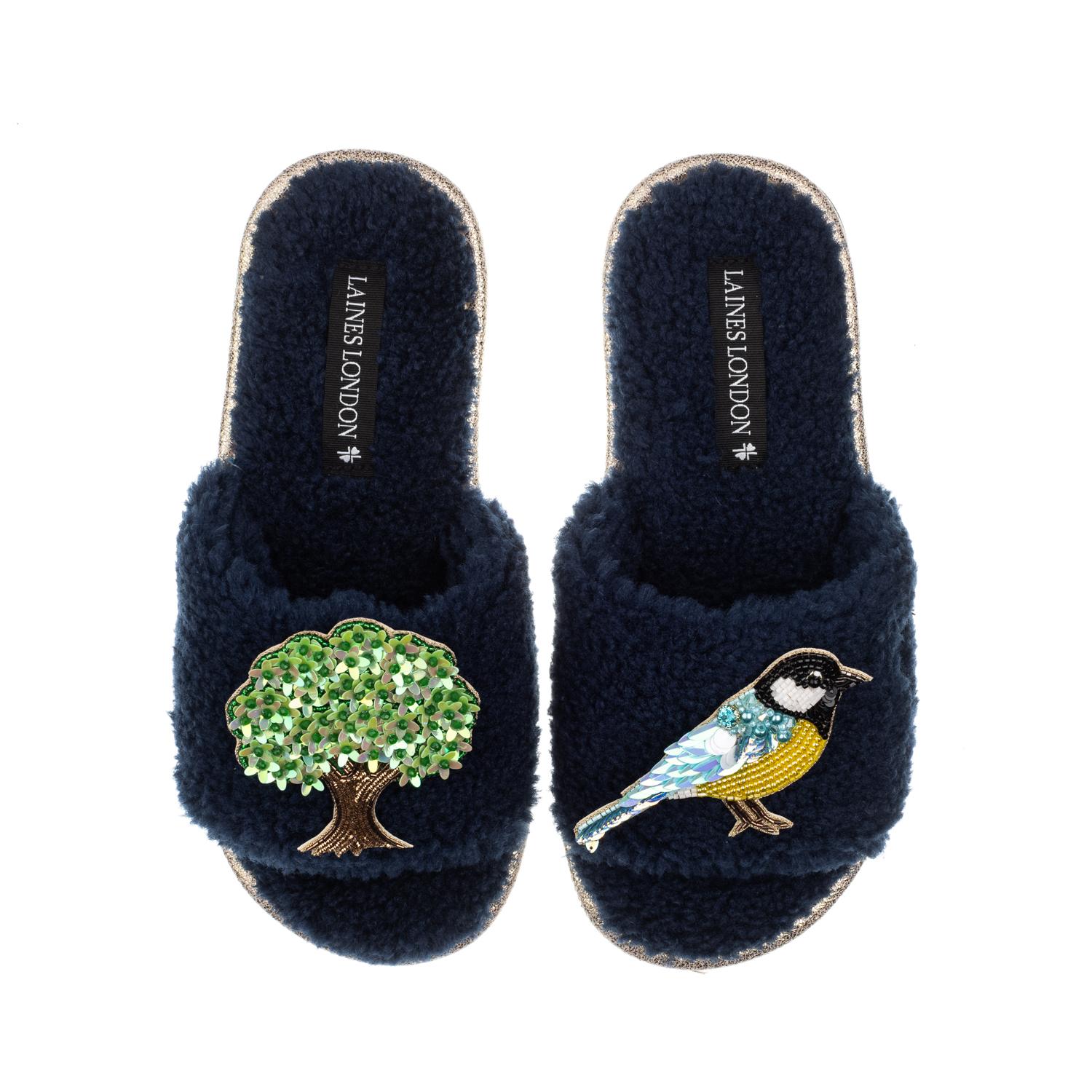 Laines London Women's Teddy Toweling Slipper Sliders With Oak Tree & Blue Tit Brooches - Navy In Blue
