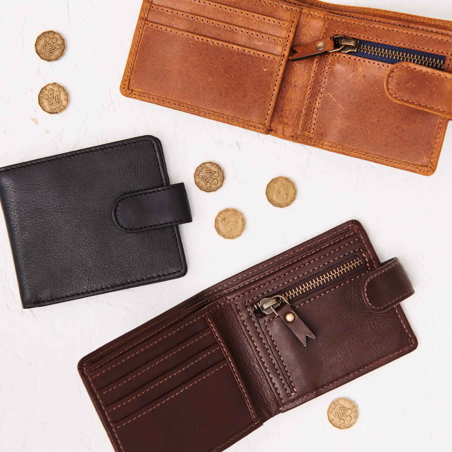 Luxury Leather Zip Section Coin Wallet - Dark Brown | VIDA VIDA