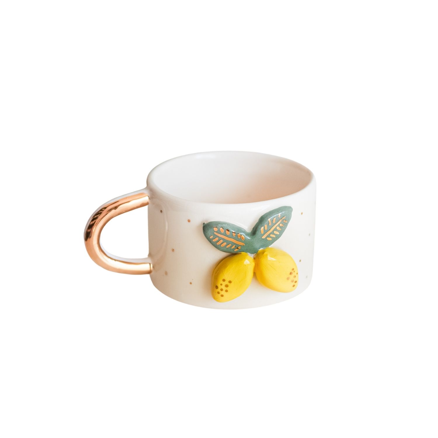 Anatoliacraft Yellow / Orange / White Lemon Grove Mug With Hand-painted Lemons & Golden Handle – Fresh Citrus-insp