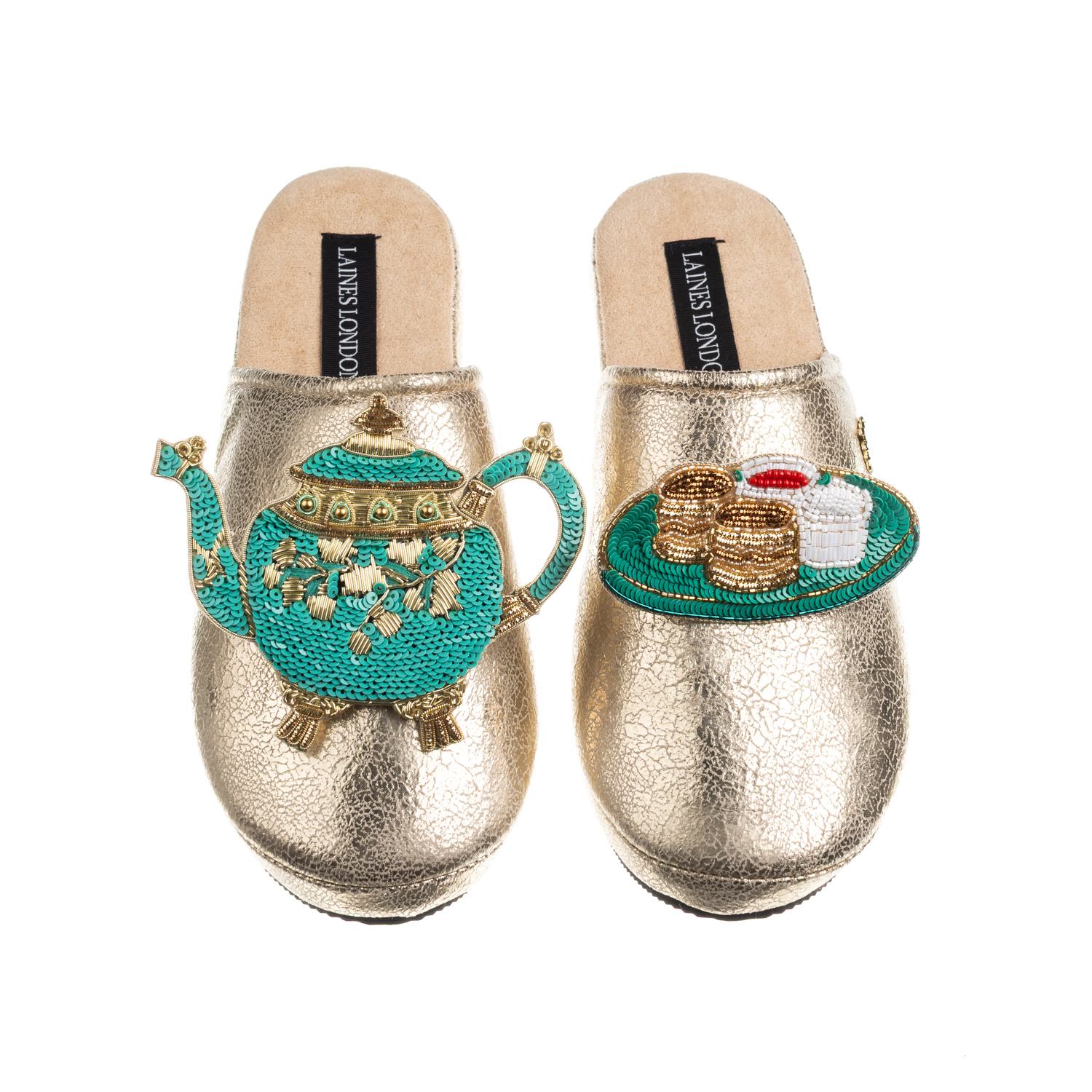 Laines London Women's Laines X Juliet Gold Softie Slippers With Tea & Scones Brooches In Gold