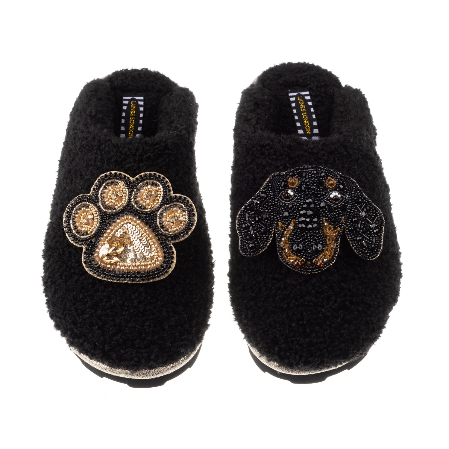 Laines London Women's Teddy Towelling Closed Toe Slippers With Little Sausage & Paw Brooch - Black In Black