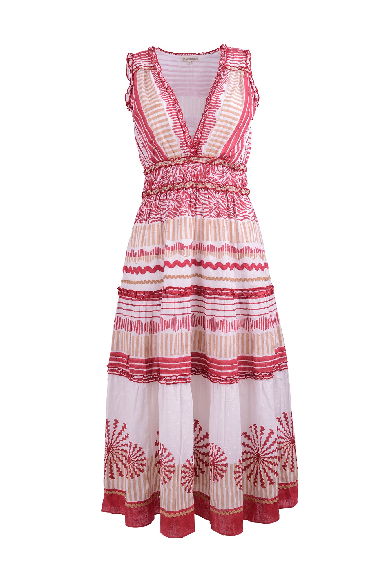 Ash & Eden Women's White / Red Homa - Tiered V Neck Midi Dress With Frill Detailing & Elasticated Waist In White/red