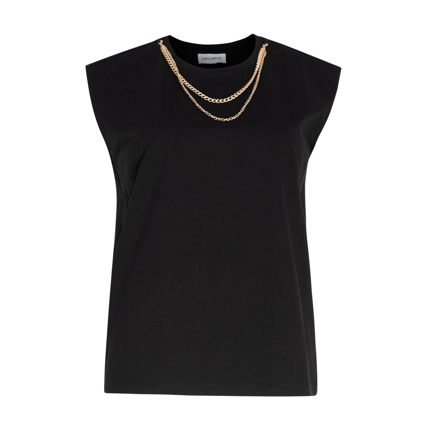 Circular Path Women's Sleeveless Round Neck Necklace T-shirt - Black In Black