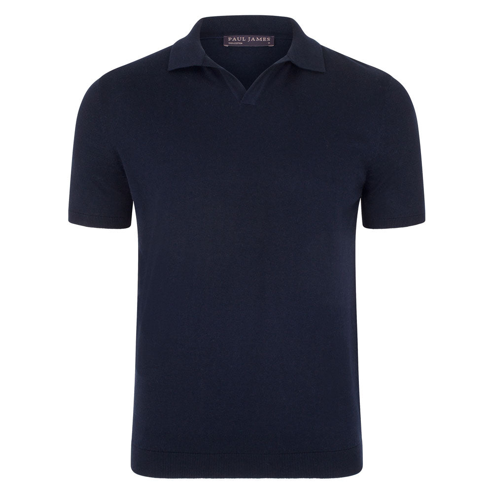 Blue Men’s Ultra Fine Cotton Nathan Buttonless Polo Shirt - Navy Medium Paul James Knitwear