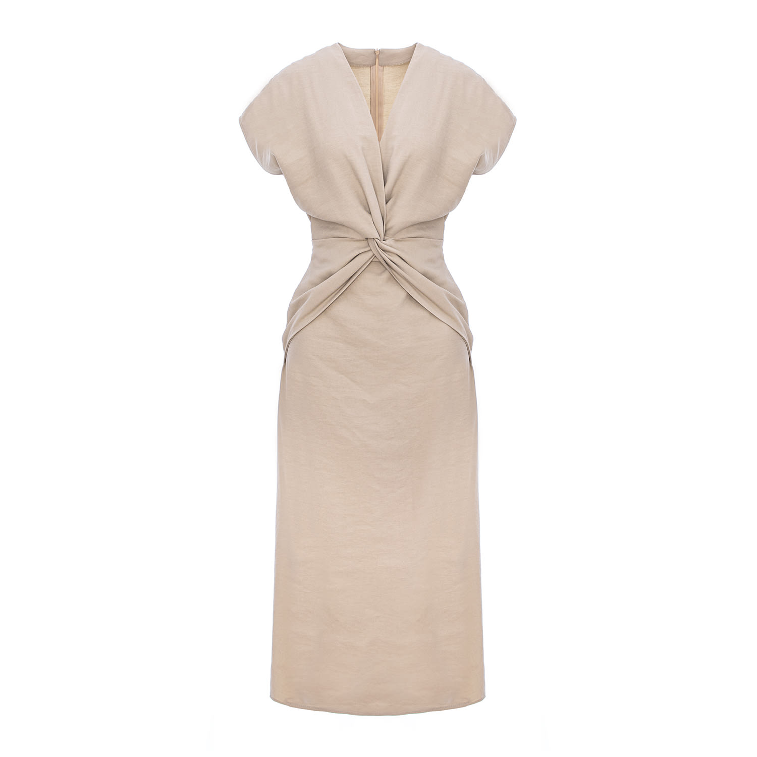 Bluzat Women's Brown Beige Twist-front Midi Dress With Cap Sleeves In Brown