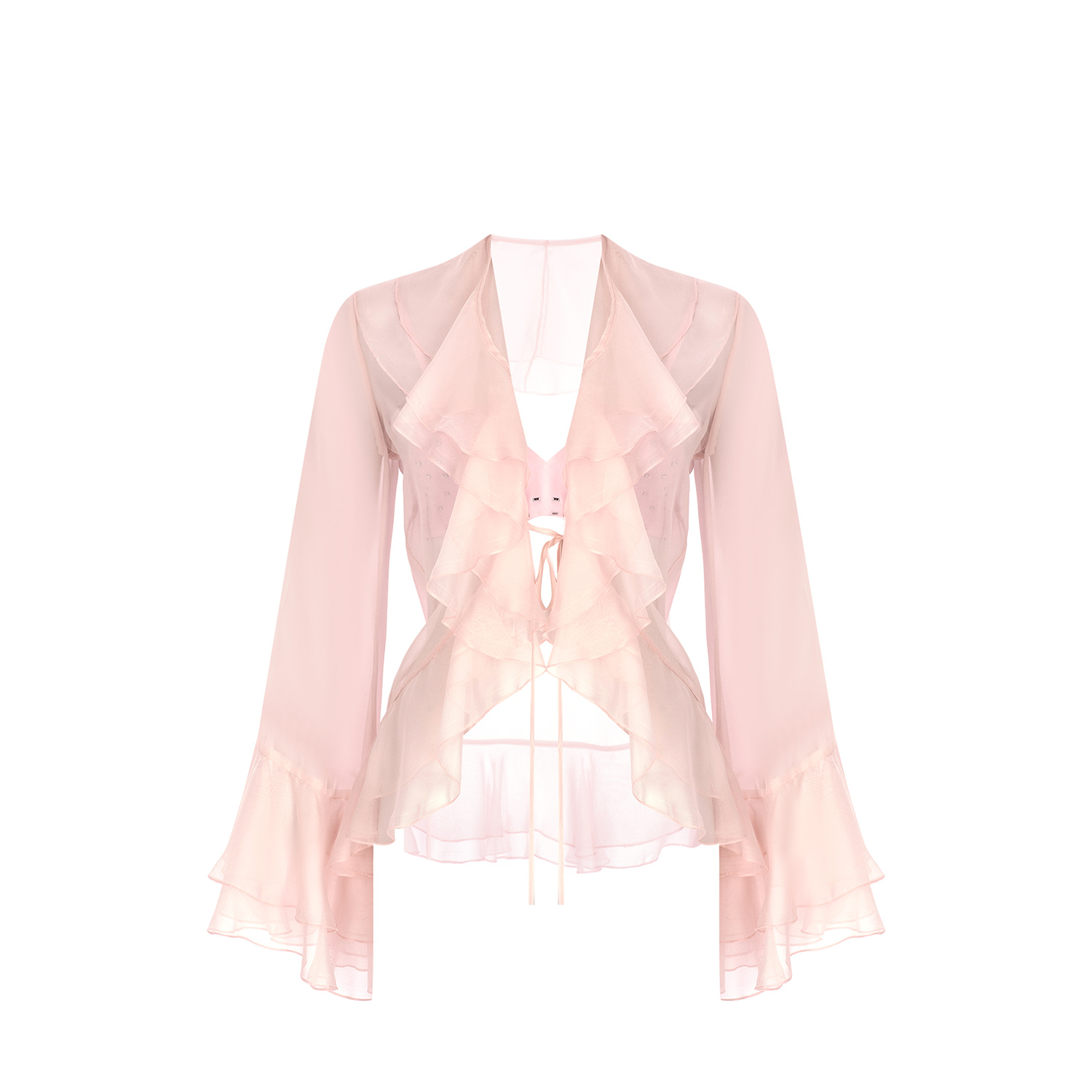 Fickle Hearts Women's Lotus Powder Pink Ruffled Sheer Shirt And Satin Bra