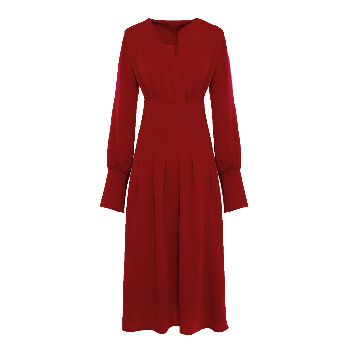 Bluzat Women's Red Midi Dress With Pleats And Asymmetrical Cut Neck
