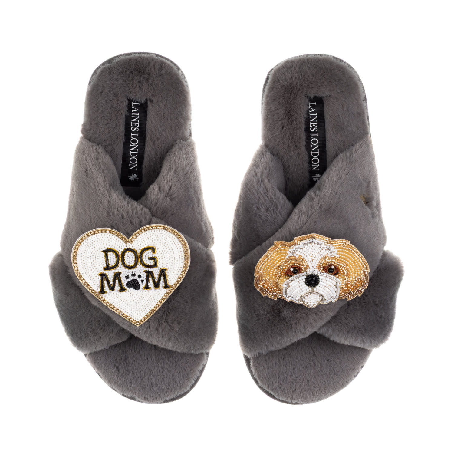 Laines London Women's Classic Laines Slippers With Dog Mum / Mom & Gold & White Shih Tzu Brooches - Grey In Gray