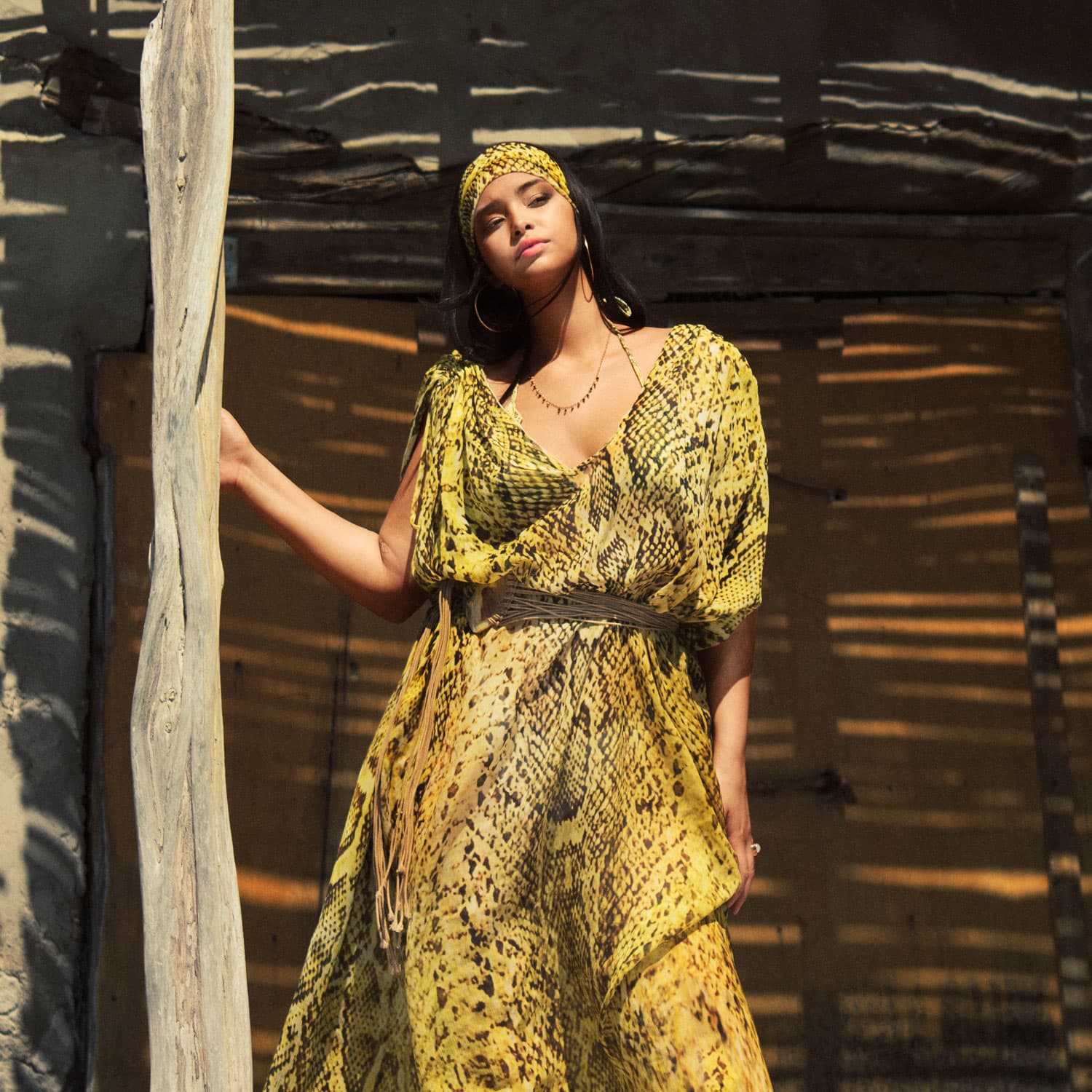 Snake Print Silk Maxi Kaftan Dress Yellow | DEESSA IBIZA Snake Print Silk Maxi Kaftan Dress Yellow | DEESSA IBIZA