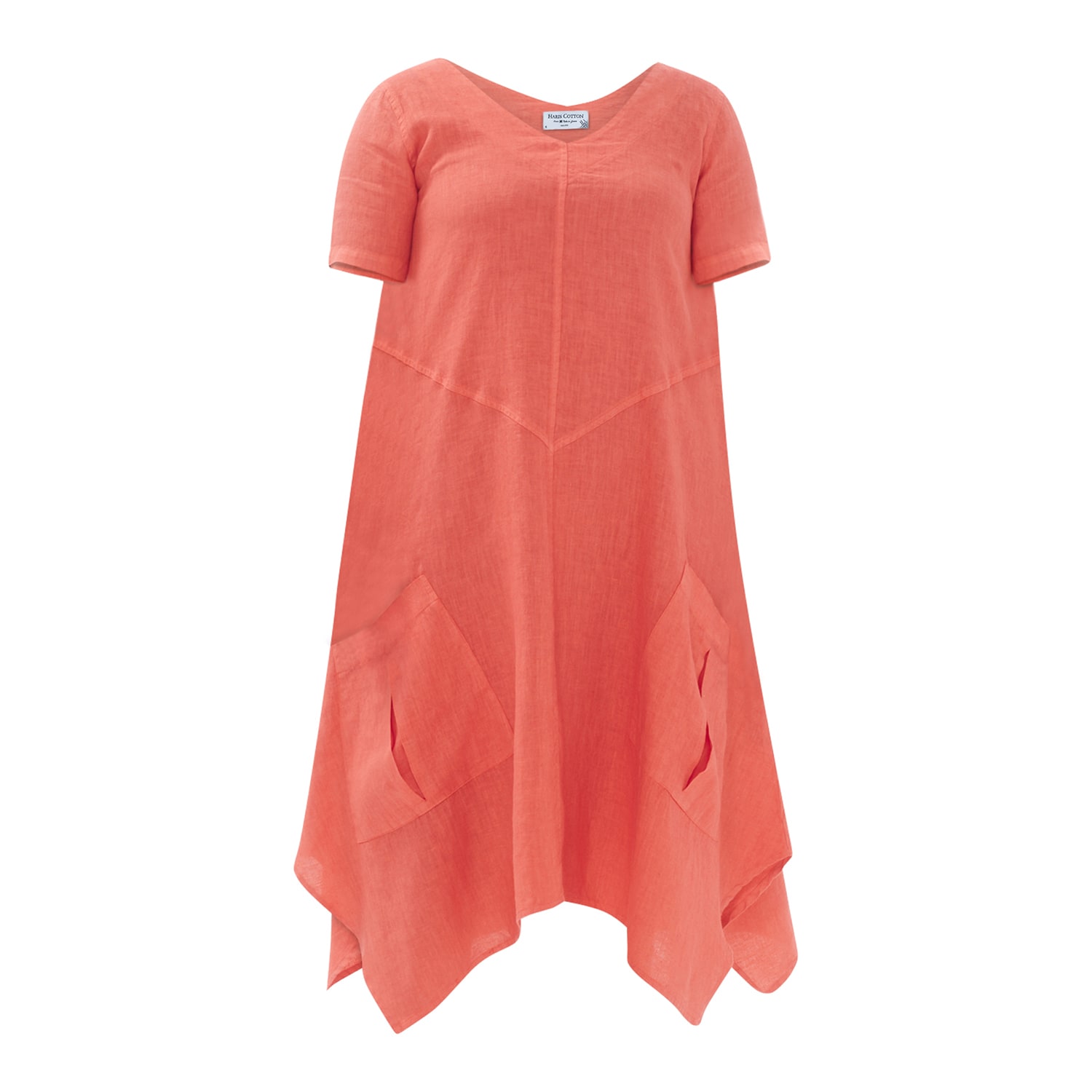 Haris Cotton Women's Red Solid Asymmetrical Hem Linen Dress With Front Pockets - Coral Reef In Pink