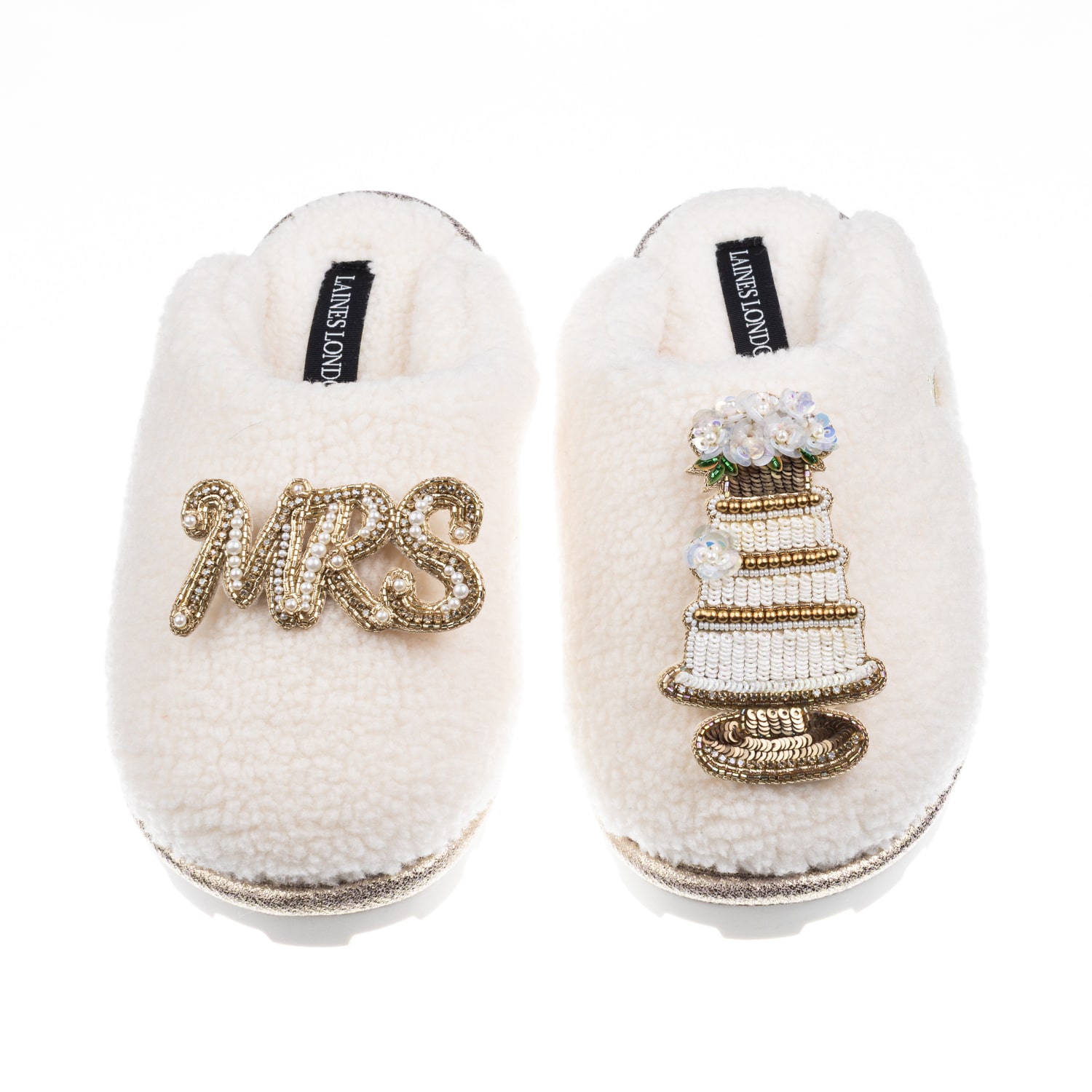Laines London Women's White / Neutrals Teddy Closed Toe Slippers With Mrs & Wedding Cake Brooches - Cream In White