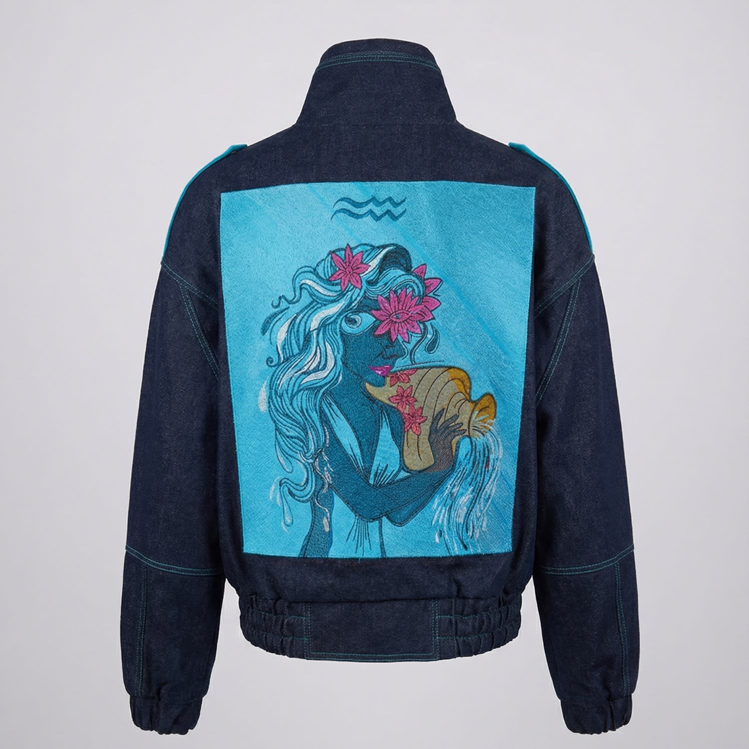 Women's Zodiac Aquarius Denim Embroidered Bomber Jacket | Medium | Zastastudio