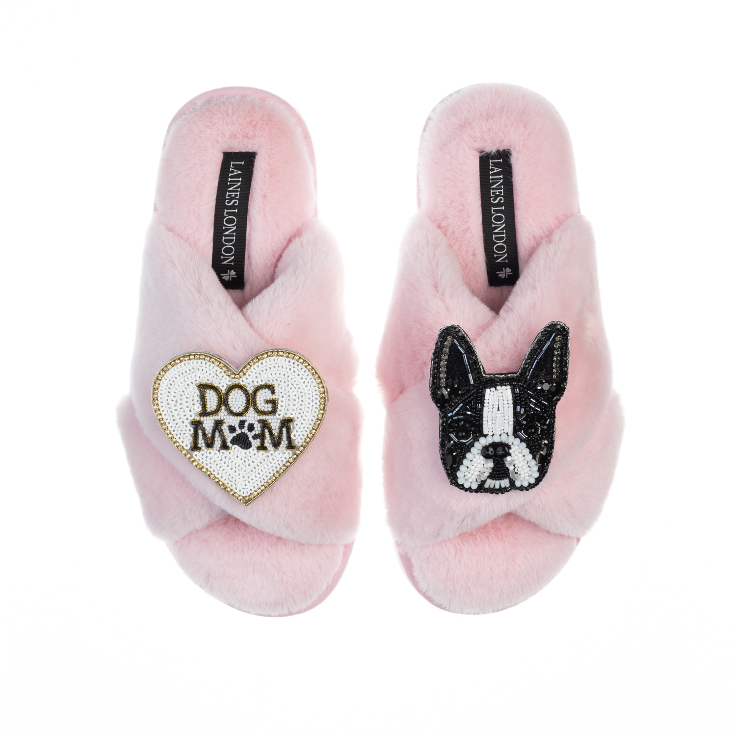 Women’s Pink / Purple Classic Laines Slippers With Buddy The Boston Terrier & Dog Mum / Mom Brooches - Pink Medium Laines London