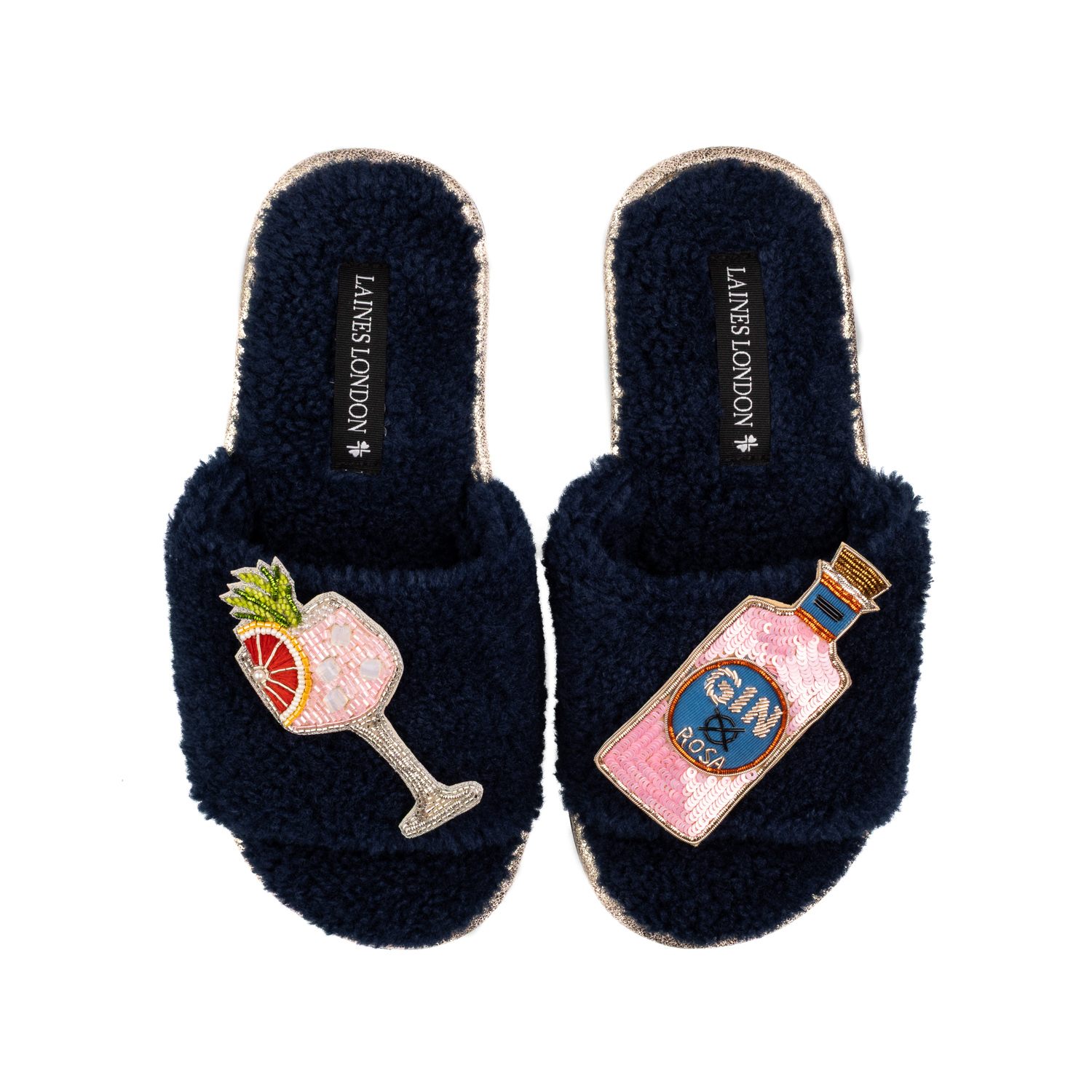 Laines London Women's Blue Teddy Towelling Slipper Sliders With Pink Rosa & Grapefruit Gin Brooches - Navy In Blue