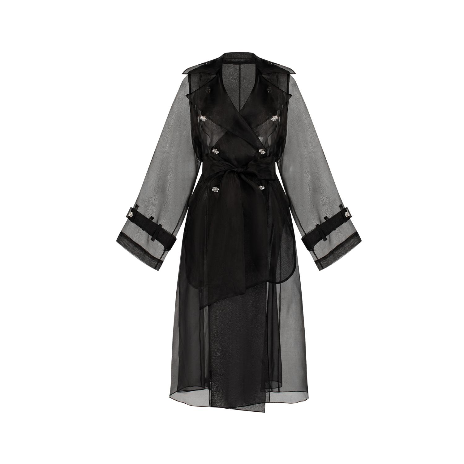 Azzalia Women's Pure Silk Organza Trench Coat With Crystal Buttons-black In Black
