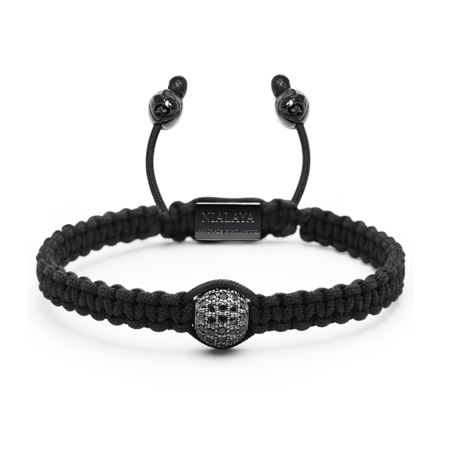 Men's Black String Bracelet with Black CZ Flatbead M (17cm / 6.7”)