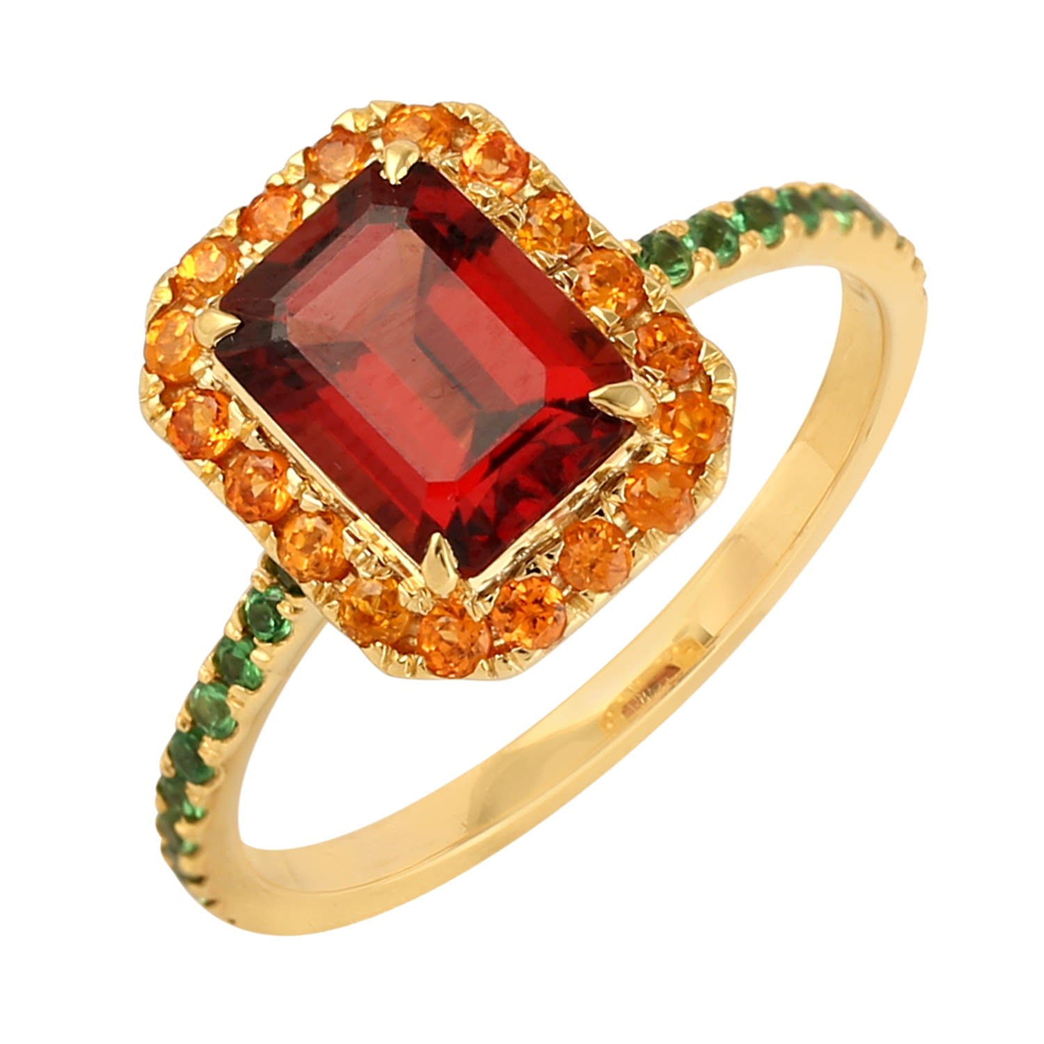 Women’s 18K Yellow Gold Red Garnet Tsavorite Handmade Cocktail Ring Artisan