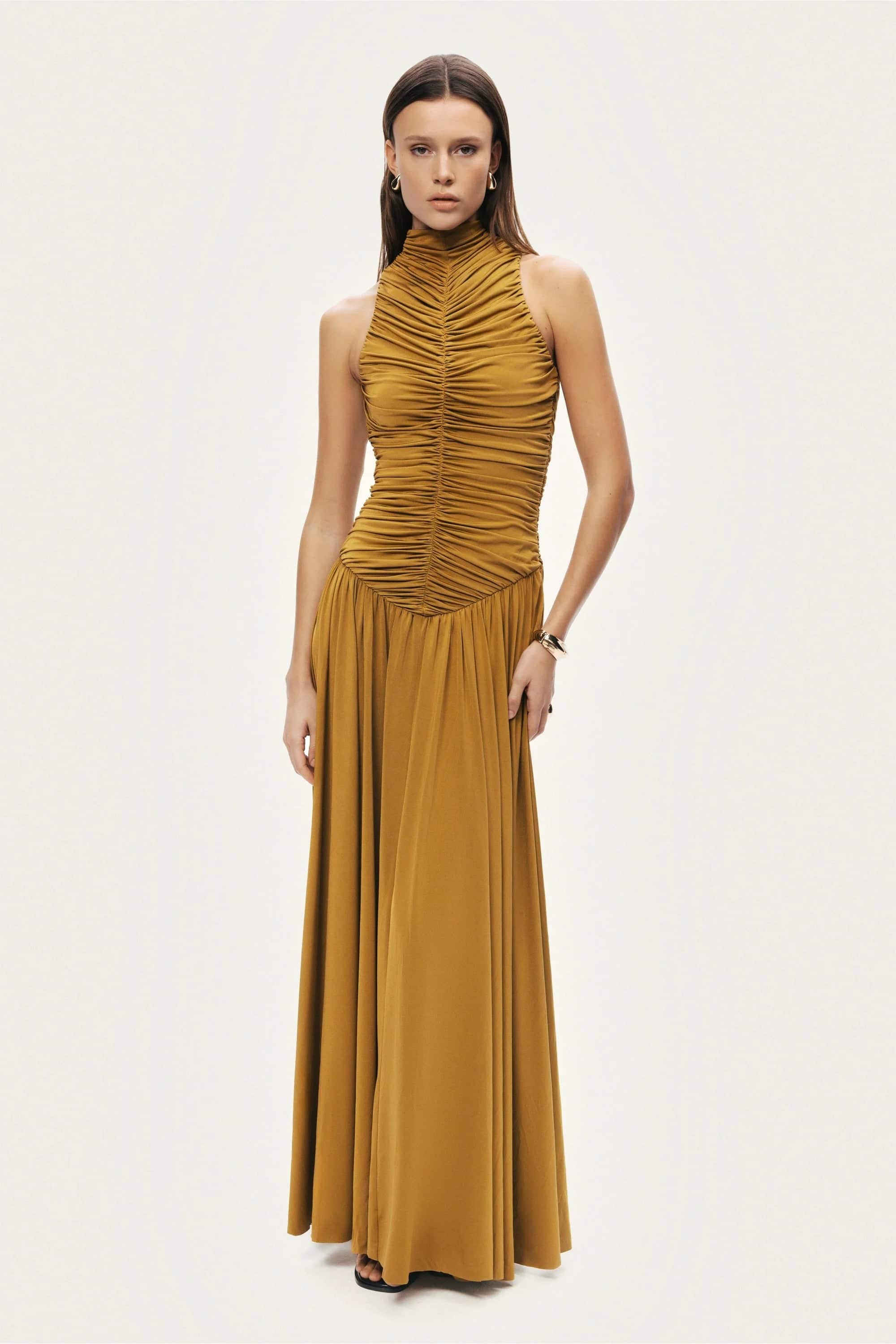 high neck ruched maxi dress Stretch-Satin Ruched Maxi Dress