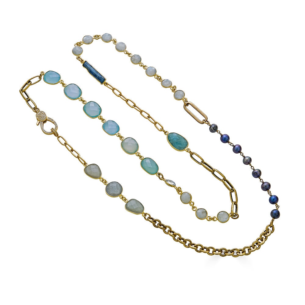 Loni Paul Jewelry Women's Gold / Green / Blue Gold Moonstone, Kyanite, Aquamarine & Pearl Necklace In Gold