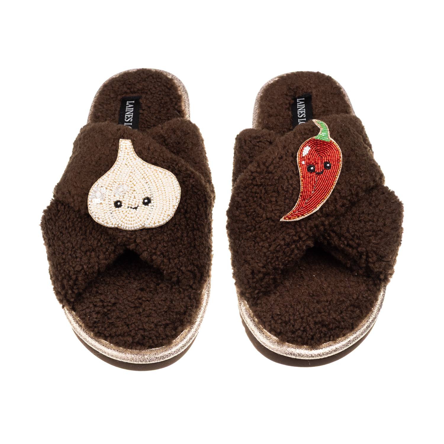 Laines London Women's Brown / Neutrals Laines Boucle Slippers With Laines Loveables Garlic & Chilli Brooches - Cho