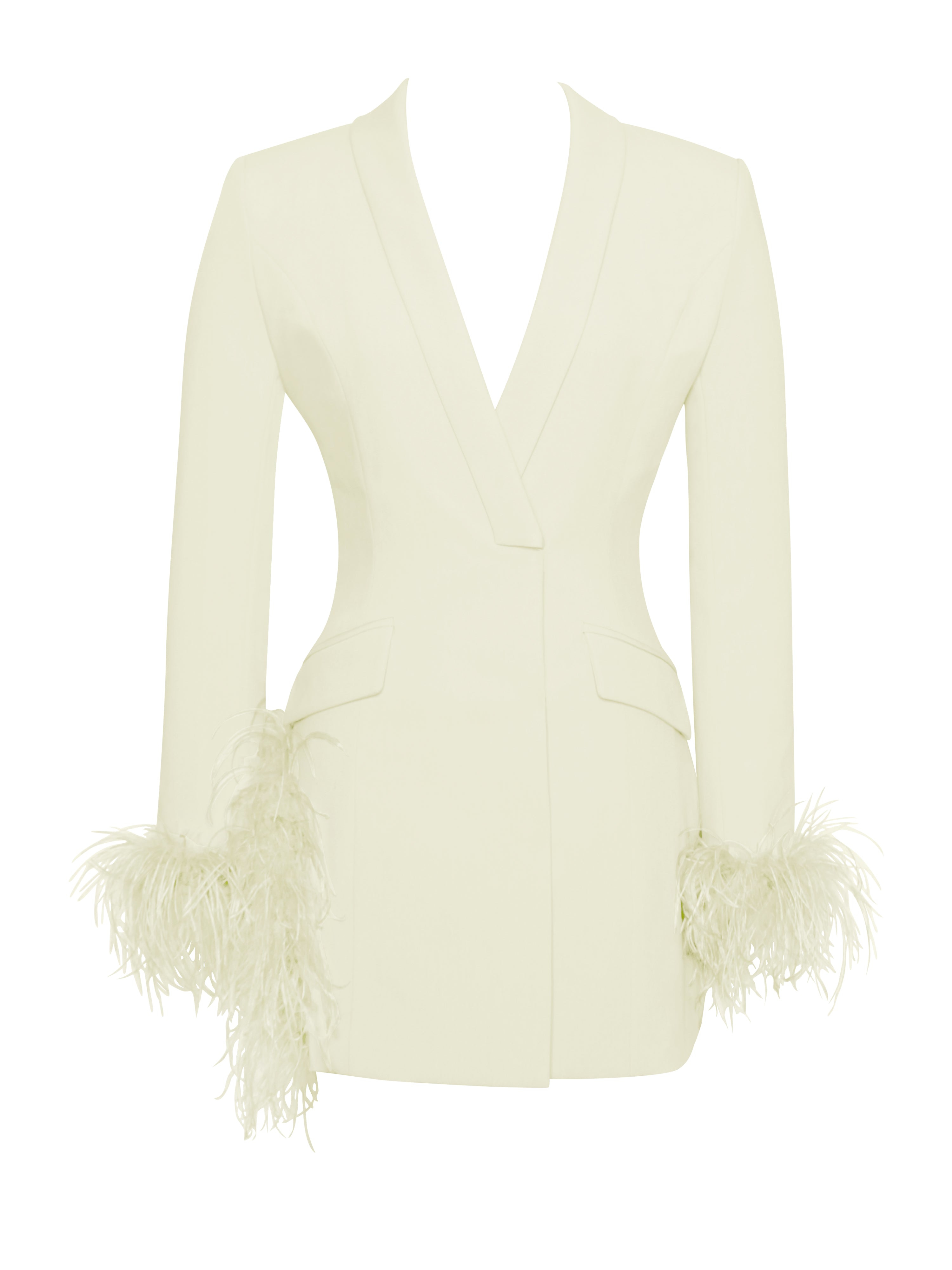 Miss Circle New York Women's Madeline Pearl White Feather Trim Blazer Dress