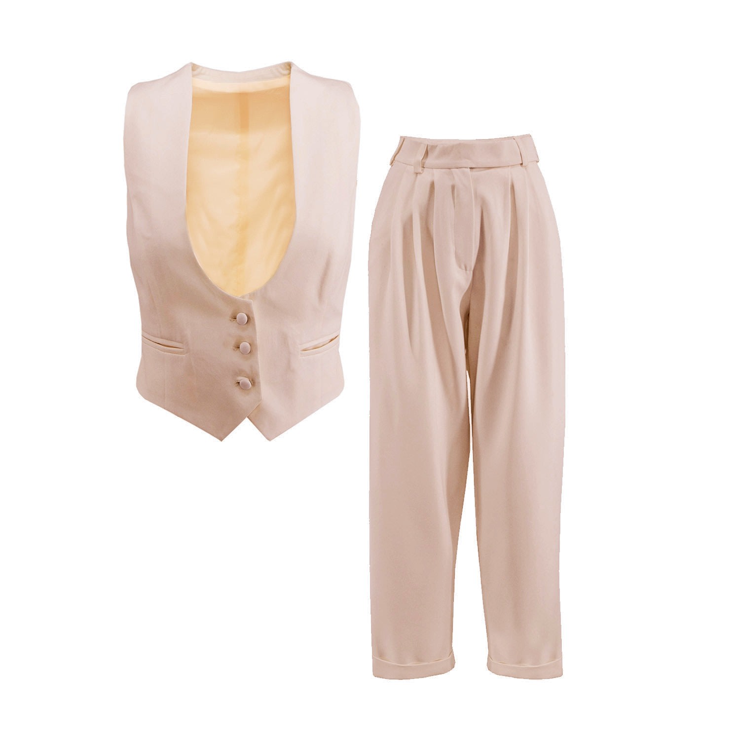 Women’s Neutrals Nude Suit With Vest And Cropped Trousers Extra Small Bluzat