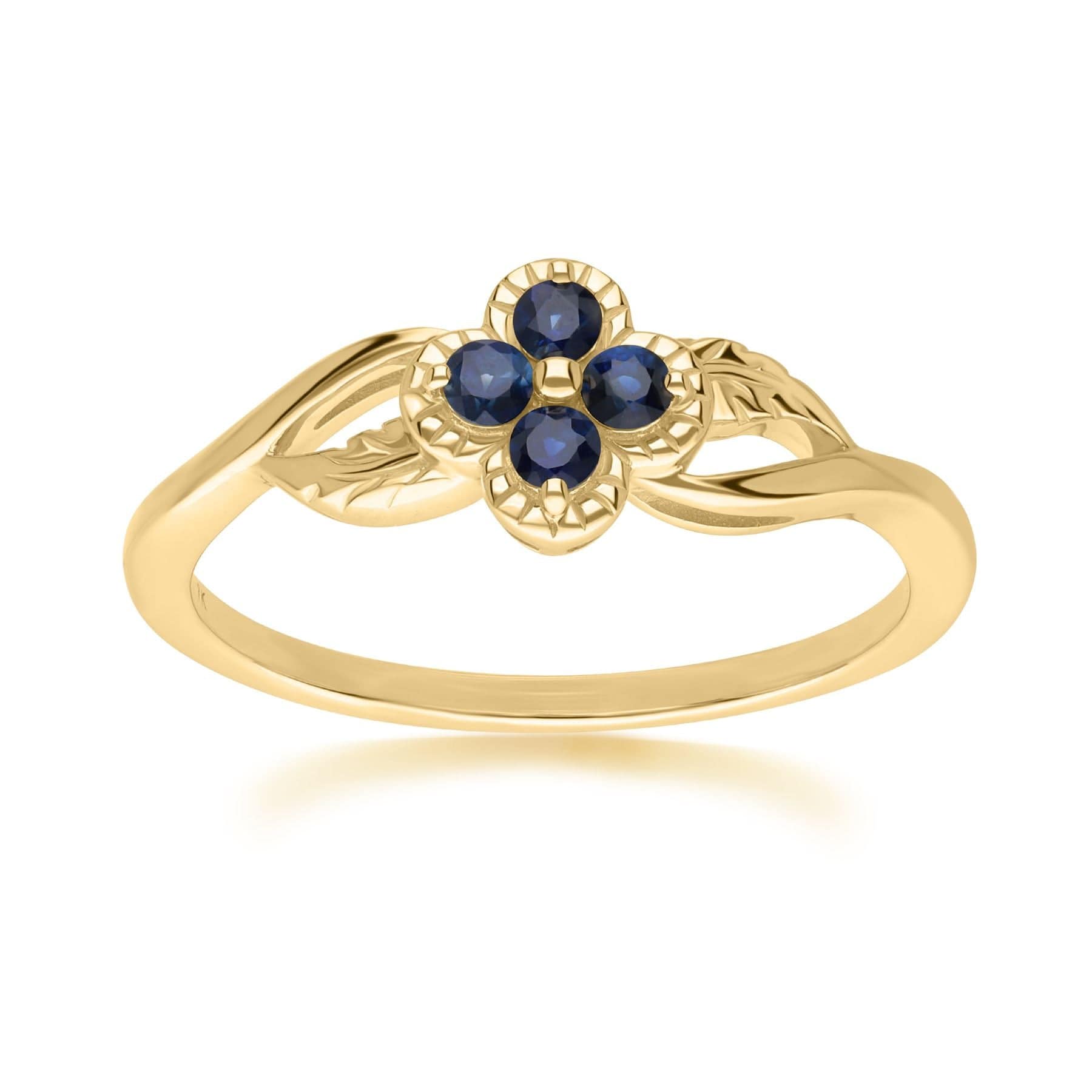 Women’s Blue Floral Round Sapphire Ring In Yellow Gold Gemondo