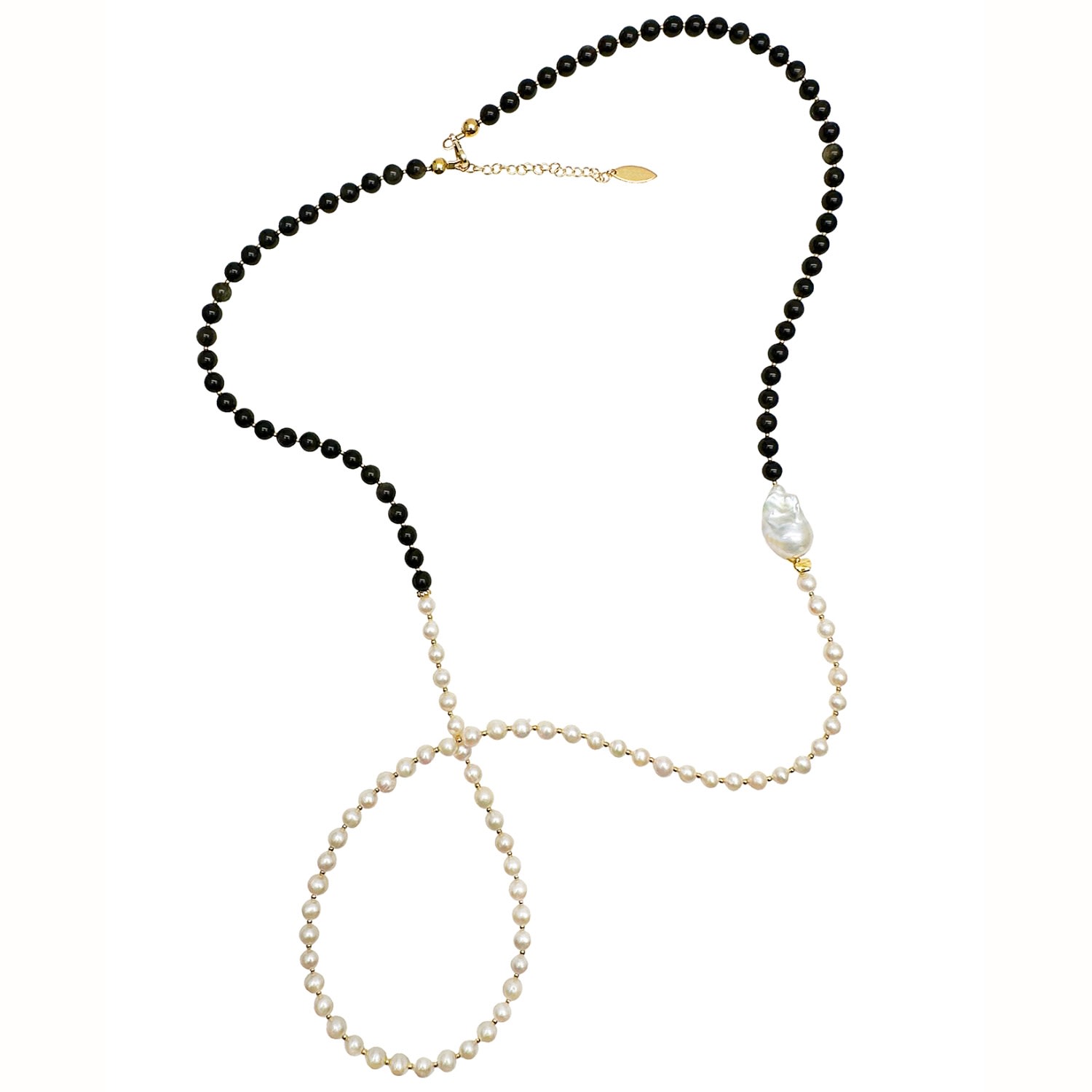 Women’s Black / White Black Obsidian And White Freshwater Pearls Long Necklace Farra