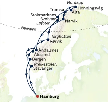 Reiseverlauf Die Nordkap-Linie ab Hamburg im Winter mit Hurtigruten