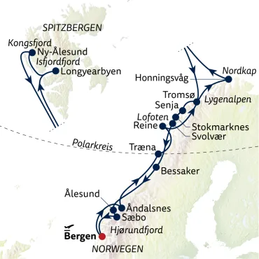 Reiseverlauf Die Spitzbergen-Linie ab Bergen mit Hurtigruten