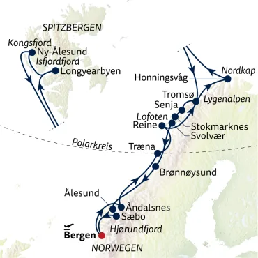 Reiseverlauf Sommer in Norwegen & Spitzbergen mit Hurtigruten