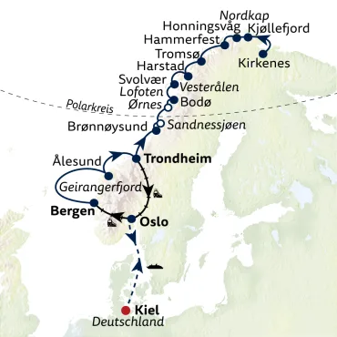Reiseverlauf Norwegen intensiv mit Hurtigruten, Zugromantik & Color Line
