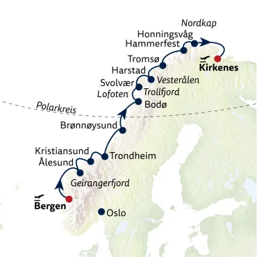 Reiseverlauf Schiffsreise mit Hurtigruten ab Bergen/bis Kirkenes