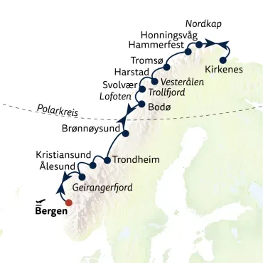 Reiseverlauf Schiffsreise mit Hurtigruten ab/bis Bergen
