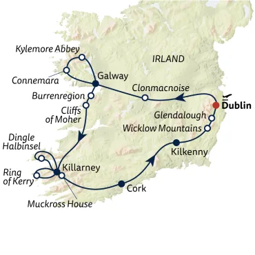 Reiseverlauf Autoreise Irland entdecken - B&B-Unterkünfte