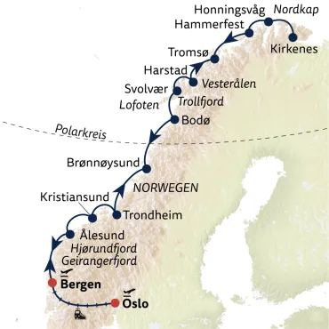 Reiseverlauf Facettenreiches Norwegen mit Hurtigruten
