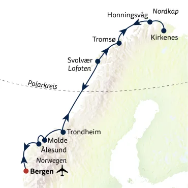 Reiseverlauf Nordlicht & Sterne mit Hurtigruten